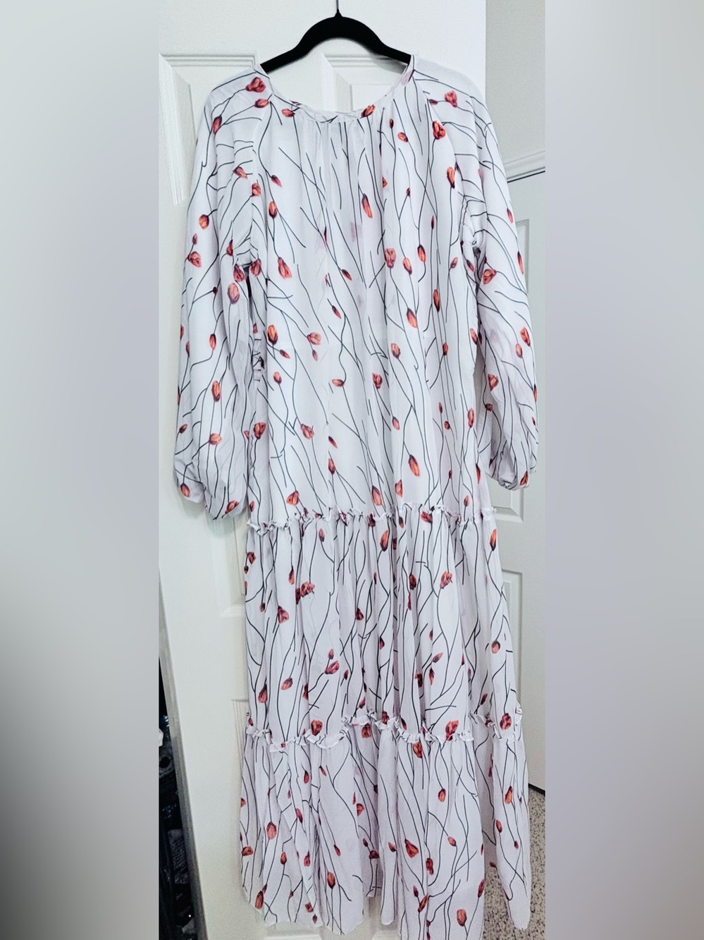 White Floral Tiered Long Sleeve Maxi Dress - White with Red Buds